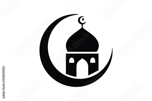 Islamic crescent moon symbol framing a silhouette of a mosque dome and minaret representing faith and religious architecture