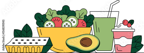 A flat illustration of a healthy meal with salad juice and avocado on a table