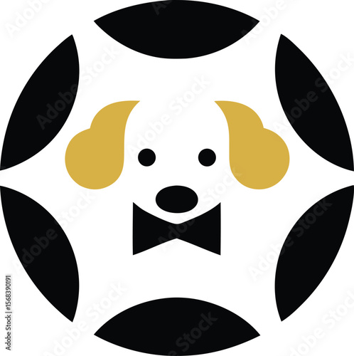 Elegant Canine Emblem: An adorable, stylized dog, featuring a refined bow tie and elegant golden ears, radiates charm and sophistication. This graphic is ideal for luxury brands.