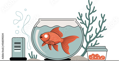 Illustration of a goldfish in a bowl with accessories and fish food nearby