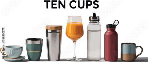 A collection of various cups and bottles displayed against a white background