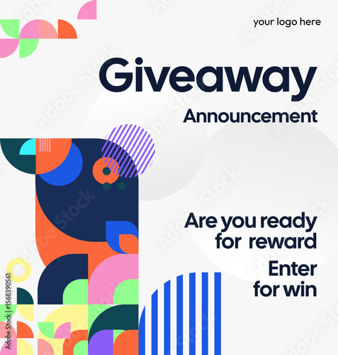 Giveaway winner announcement social media post template with colorful geometric design. Perfect for business, cover, online store and poster. Giveaway background illustration
