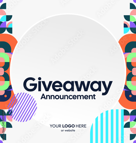 Giveaway winner announcement social media post template with colorful geometric design. Perfect for business, cover, online store and poster. Giveaway background illustration