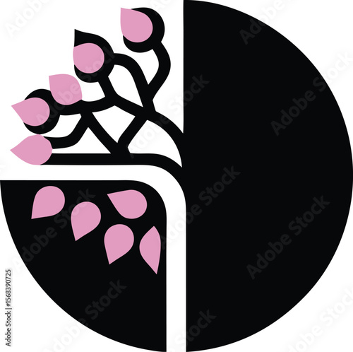 Cherry Blossom Emblem: A minimalist, elegant design showcasing a stylized cherry blossom branch with delicate pink petals, beautifully framed by a circular black backdrop. 