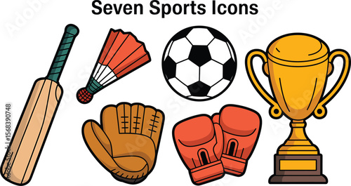 Illustration of cricket bat, fan, soccer ball, glove, boxing gloves, and trophy