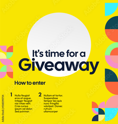 Giveaway winner announcement social media post template with colorful geometric ornaments. Perfect for business marketing. Festive giveaway background
