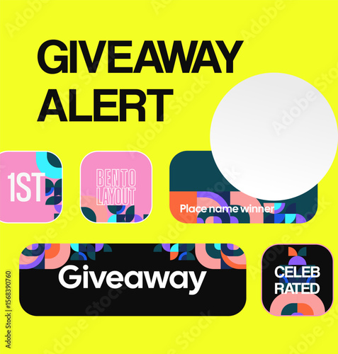 Giveaway winner announcement social media post template with colorful geometric ornaments. Perfect for business marketing. Festive giveaway background