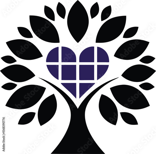 Heart Tree: A symbolic illustration of a heart nestled within a stylized tree, conveying concepts of growth, love, and community, Perfect for various uses.