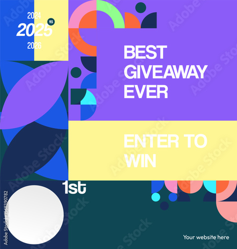 Giveaway winner announcement social media post template with colorful geometric ornaments. Perfect for business marketing. Festive giveaway background