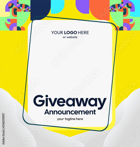Giveaway winner announcement social media post template with colorful geometric ornaments. Perfect for business marketing. Festive giveaway background