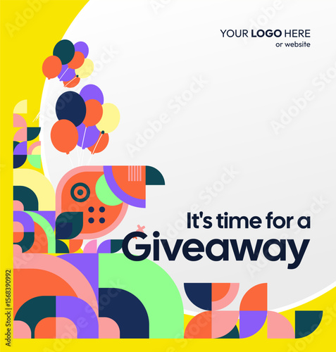 Giveaway winner announcement social media post template with colorful geometric ornaments. Perfect for business marketing. Festive giveaway background