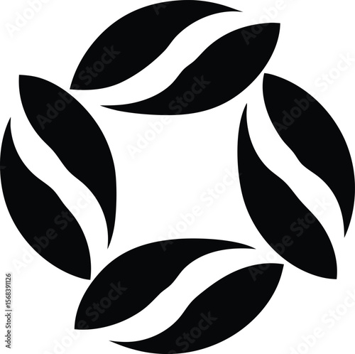 Abstract Black and White Circular Design: Elegant monochrome circular graphic design element, perfect for logos, branding, and patterns.  Features four stylized leaves or petals forming a symmetrical.