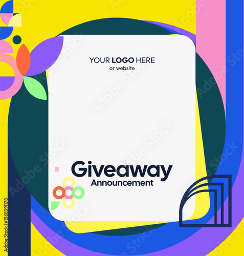 Giveaway winner announcement social media post template with colorful geometric ornaments. Perfect for business marketing. Festive giveaway background