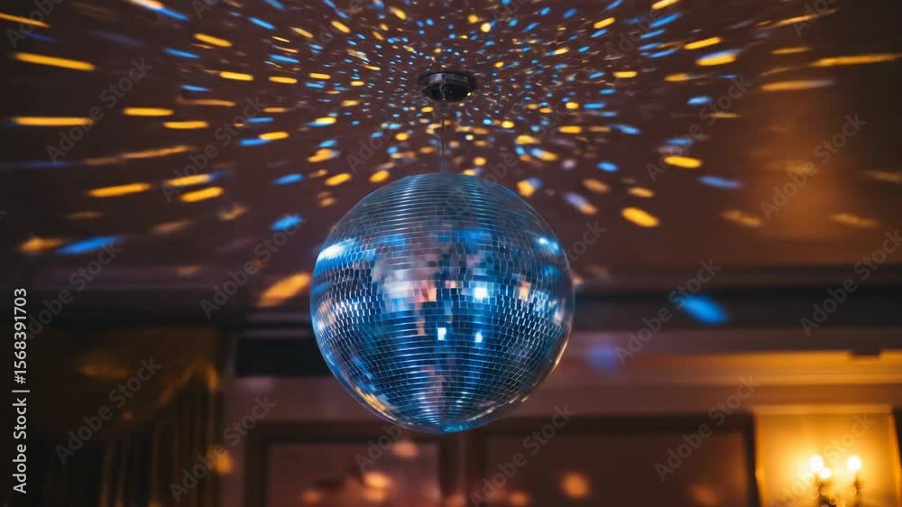 Disco Ball Reflecting Light at Nightclub - A mirrored disco ball hangs from the ceiling, reflecting colorful light beams across the room.