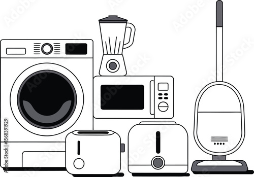 Illustration of various household appliances including washing machine and blender