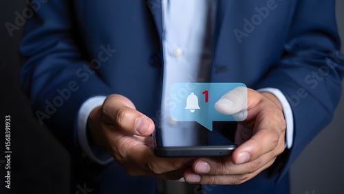 Alert notification concept. Reminder, Push Notifications, Web Reminders, Time Table and Announcements. Person using smartphone with bell notification icon on virtual screen.