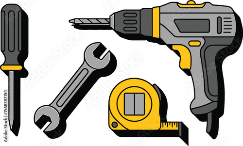 Illustration of a drill, screwdriver, wrench, and tape measure on white background