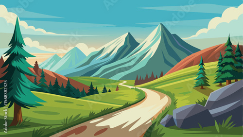 Scenic Mountain Landscape with Winding Road, Evergreen Trees, and a Bright Blue Sky