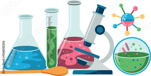 Illustration of laboratory equipment with beakers and microscope on white background