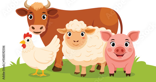 Illustration of a cow sheep pig and chicken standing on green grass together