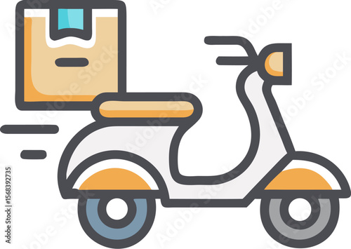 A single isolated stroke line vector icon of a scooter or motorcycle delivering food with a delivery box, symbolizing online food delivery, clean white background.