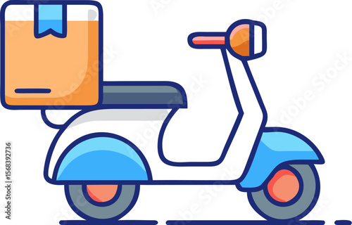 A single isolated stroke line vector icon of a scooter or motorcycle delivering food with a delivery box, symbolizing online food delivery, clean white background.