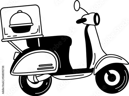 A single isolated flat vector-style icon of a scooter or motorcycle delivering food with a delivery box, symbolizing online food delivery, clean white background.