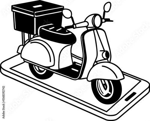 A single isolated flat vector-style icon of a scooter or motorcycle delivering food with a delivery box, symbolizing online food delivery, clean white background.