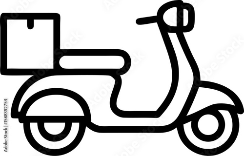 A single isolated stroke line vector icon of a scooter or motorcycle delivering food with a delivery box, symbolizing online food delivery, clean white background.