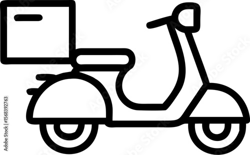 A single isolated stroke line vector icon of a scooter or motorcycle delivering food with a delivery box, symbolizing online food delivery, clean white background.