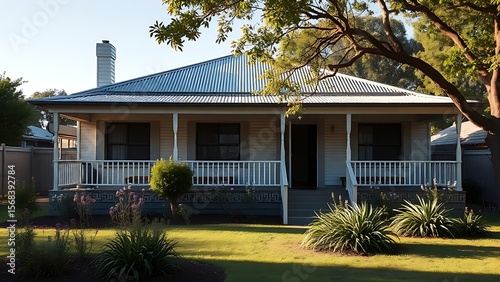 Single-story Australian suburban house with a wide veranda, lush garden in soft afternoon light.
