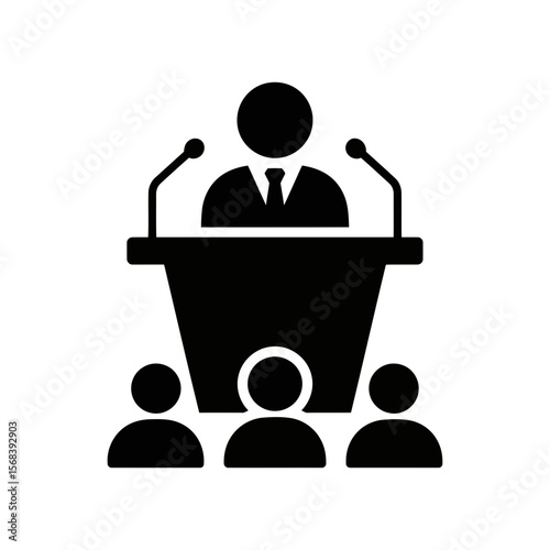 Vector art of speaker at a podium with microphones addressing an audience, isolated on white background