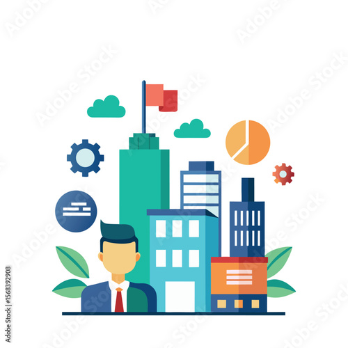 Simple corporate building with a flag icon representing industry and business isolated on white background