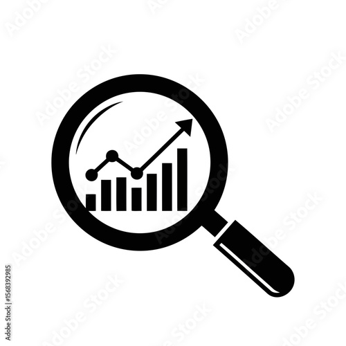 Vector art of a magnifying glass reveals an upward trending bar graph and line chart, isolated on white background