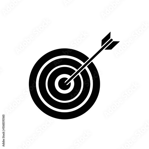 Vector art of a black and white icon of a target with an arrow in the bullseye, isolated on white background