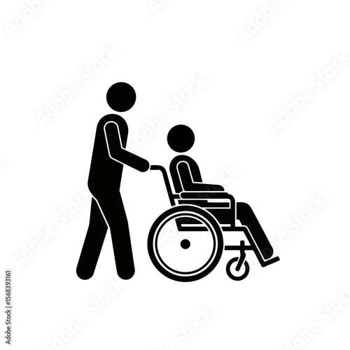 Vector art of a person pushing another person in a wheelchair, isolated on white background