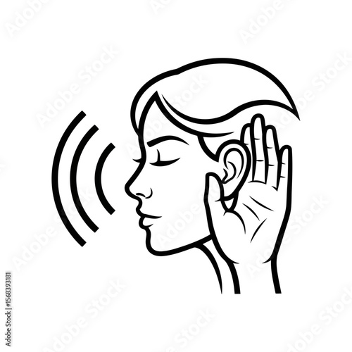 Vector art of a womans profile with her hand cupped behind her ear, listening intently to sound waves, symbolizing hearing or paying attention, isolated on white background