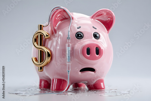 AI generated sad piggy bank with dollar sign receiving iv fluid symbolizing global economic crisis and financial rescue white background money trouble metaphor