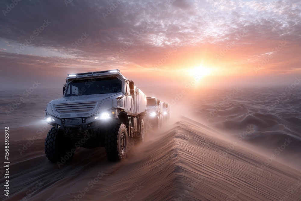 Heavy-duty trucks navigate sandy terrain during sunset in a desert landscape Heavy-duty trucks navigate sandy terrain during sunset in a desert landscape