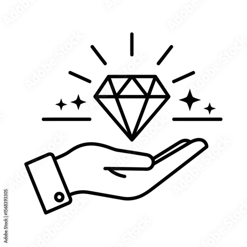 Vector art of a hand presenting a sparkling diamond, isolated on white background