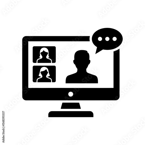 Vector art of a black icon of a computer screen showing a video conference call isolated on white background