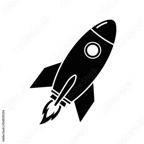 Vector art of a black icon of a rocket launching with flames isolated on white background