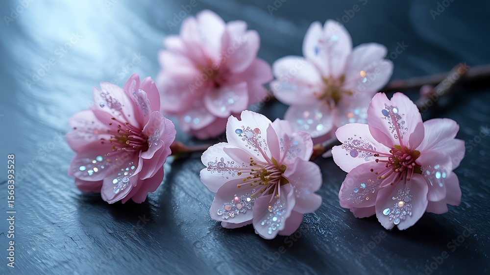 Fototapeta premium Delicate pink cherry blossoms adorned with sparkling dew drops on a dark textured surface