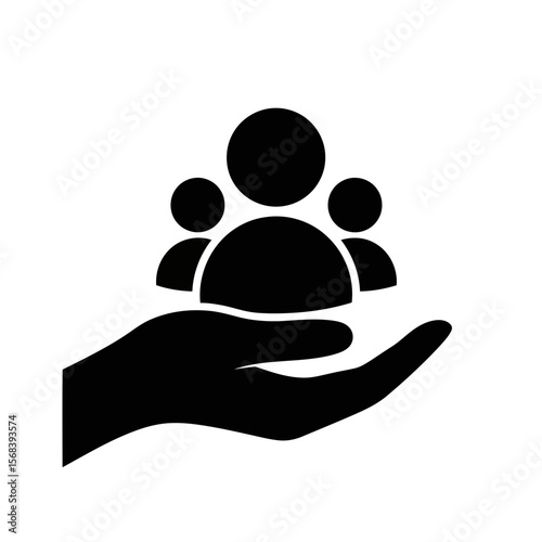 Vector art of a hand holding a group of people icons, symbolizing support and community, isolated on white background