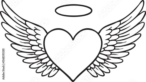 Heart with wings and halo; black line art; spiritual, romantic, and celestial design.
