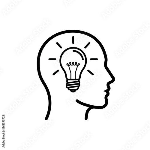 Vector art of a black and white outline of a human head profile with a glowing lightbulb inside, representing an idea, isolated on white background