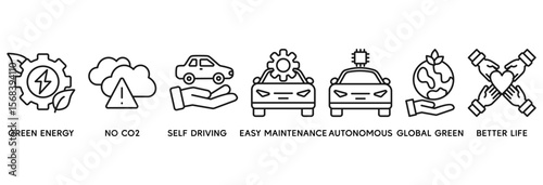 Electric car icon set vector illustration concept relate to green energy, no co2, self driving, easy maintenance, autonomous, global green and better life