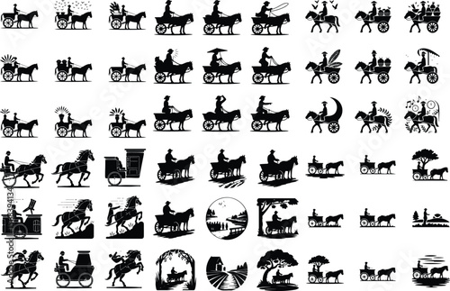Person Riding Horse Carriage Silhouette – Vintage Wagon Icon Pack Horse Cart Rider Silhouette Set – Rural Transport Vector Icons