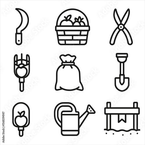 Farmers Harvest Tools Icons. Outline style icons of Farmers Harvest Tools: harvest knife, produce basket, garden gloves, grape