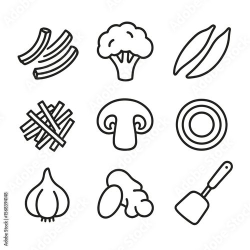 Veggie Stir-Fry Icons. Outline style icons of Veggie Stir-Fry Prep: bell pepper strips, broccoli florets, snap peas, carrot